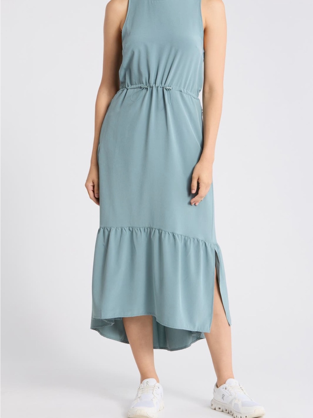 Sleeveless High-Low Midi Dress in Dusty Blue